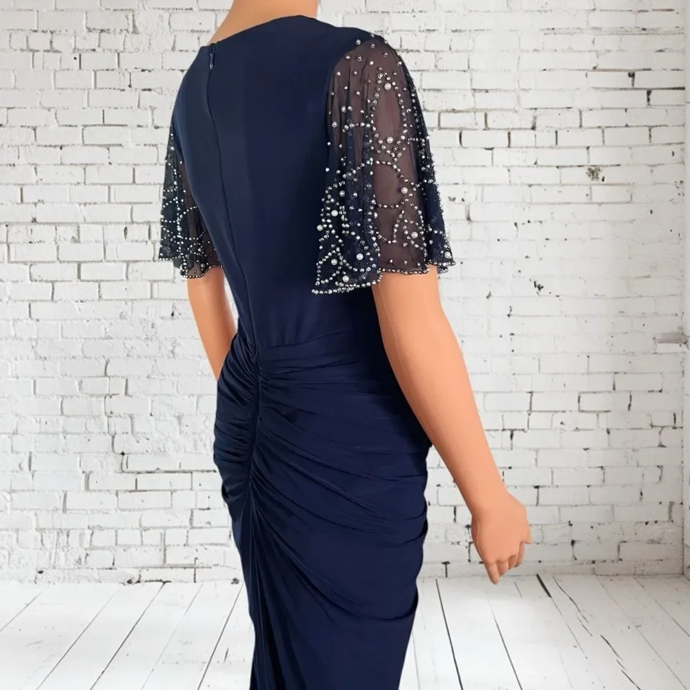 Betsy & Adam Navy Midi Dress with‎ Embellished Sleeves Sz. 4P